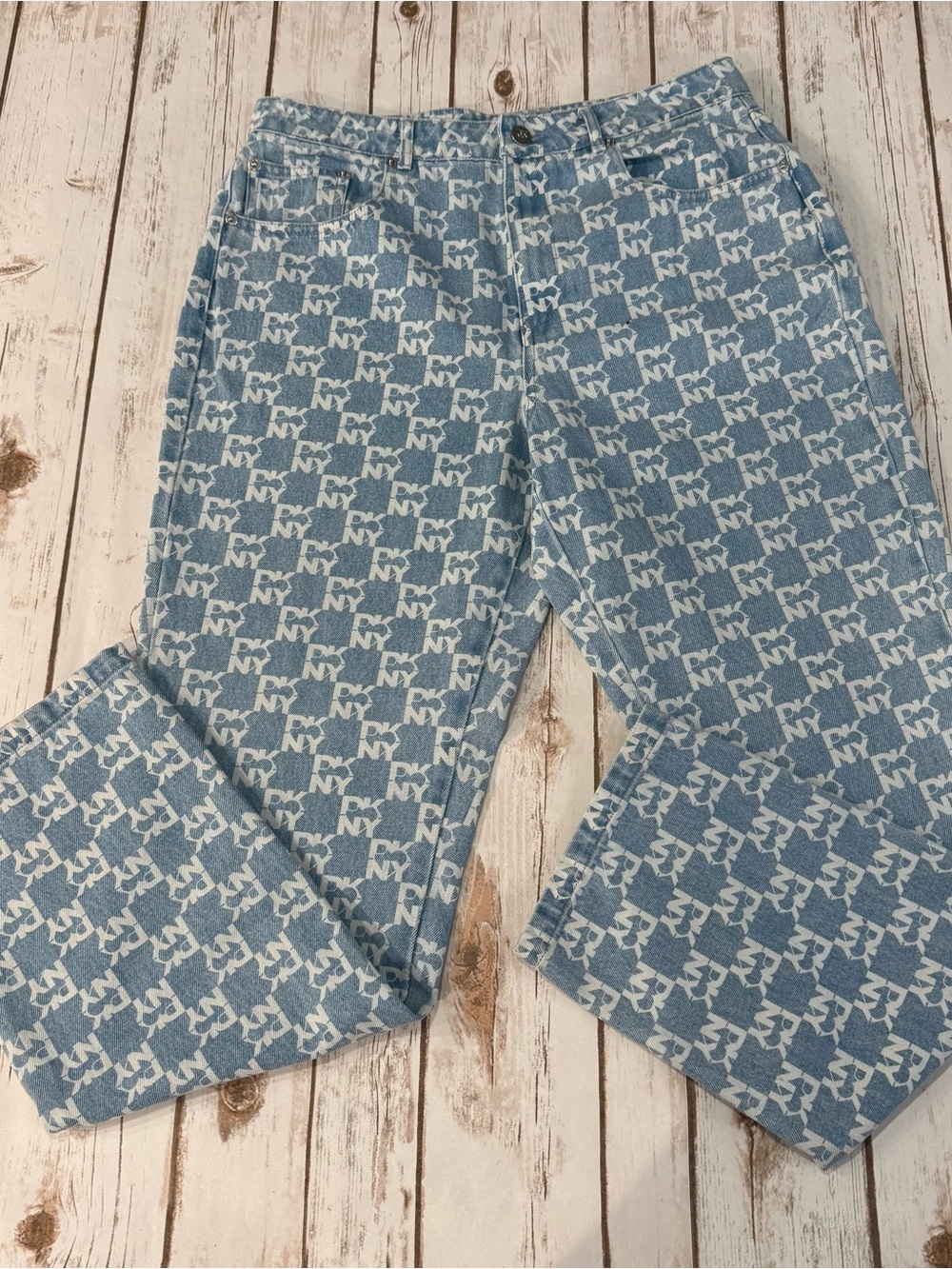 DKNY Monogram Logo Jeans Size 10 Blue All Over Print Y2K Denim